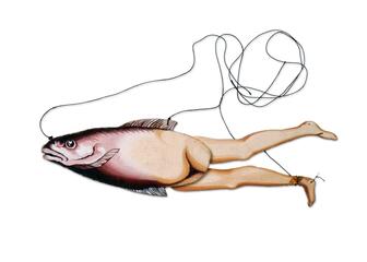Theaterpop van een vis met benen