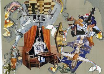 Dirk Martens, ISS chess, 2003: collage van allerlei voorwerpen/mensen zoals, schaakborden, pionnen, astronaut en satellieten
