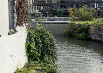 Young people enjoy the beautiful weather and have lunch along the water on De Krook in Ghent