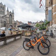Orange bikes of Donkey Republic in the city centre