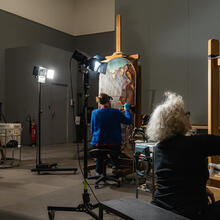 El taller de restauración en el MSK durante la tercera fase de la restauración del retablo del Cordero Mistico