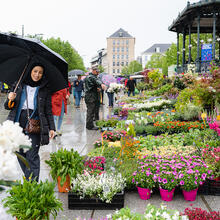 Fatina poseert naast bloemenpracht op de Kouter in Gent