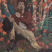 painting with a figure sitting between tree trunks